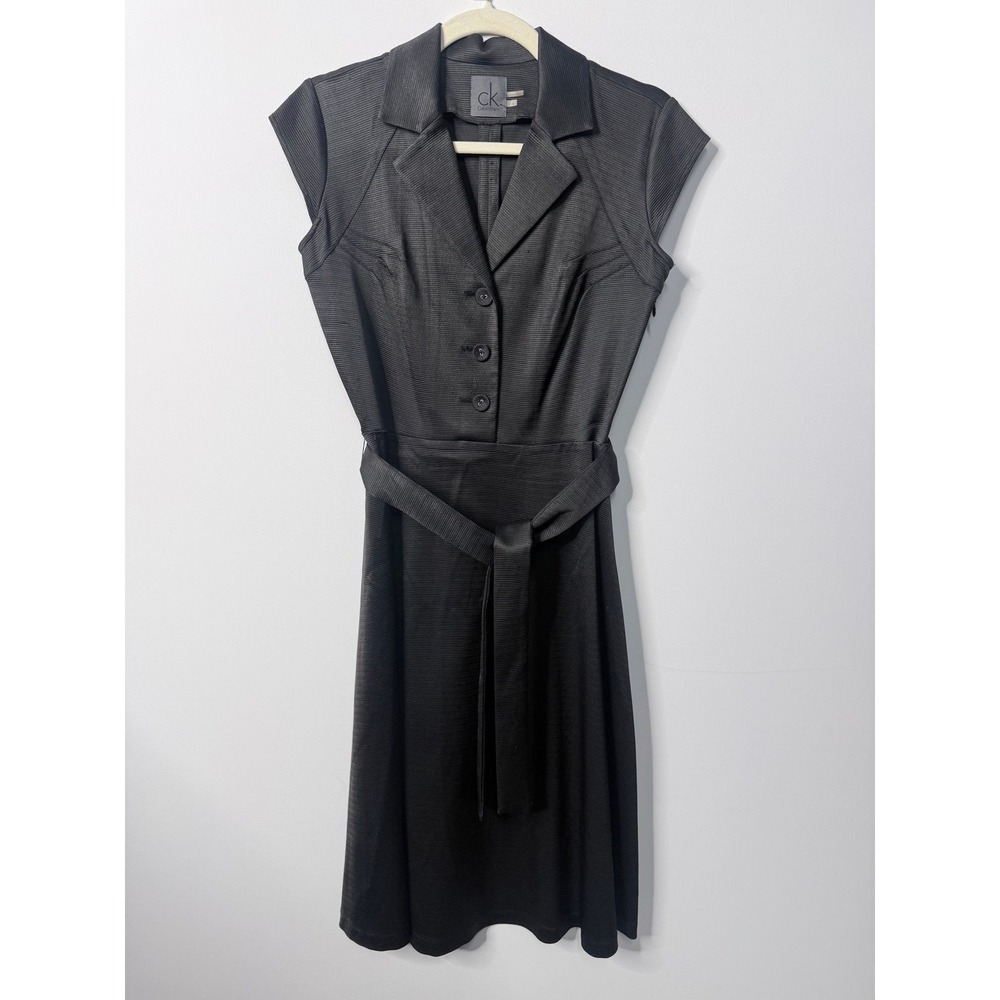 Calvin Klein Corporate Chic Black Button-Front Belted Midi Dress 6